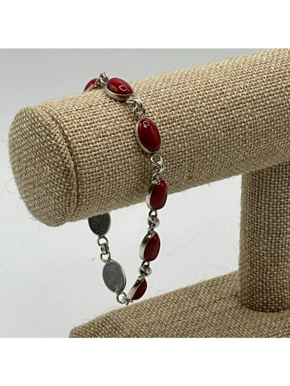 Red Jasper Oval Cabochon .925 Sterling Silver Bezel Set Link Bracelet 7.5